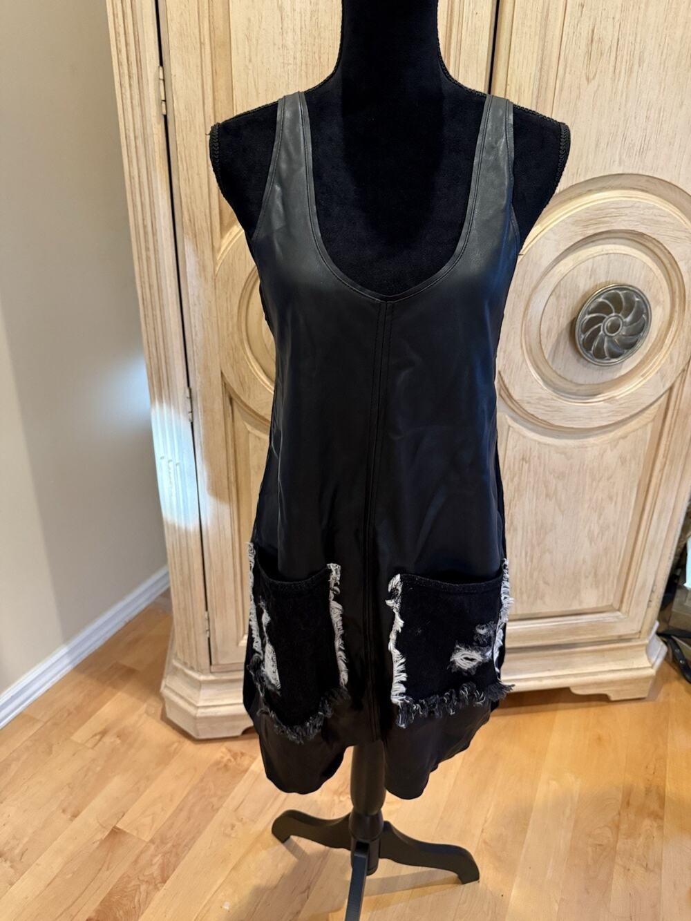 Zara Faux Leather Distressed Patch Pocket Black Mini Dress Size S NWT